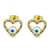 Oro Laminado Stud Earring, Gold Filled Style Evil Eye and Heart Design, with Multicolor Micro Pave, White Enamel Finish, Golden Finish, 02.341.0045