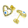 Oro Laminado Stud Earring, Gold Filled Style Evil Eye and Heart Design, with Multicolor Micro Pave, White Enamel Finish, Golden Finish, 02.341.0045