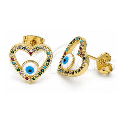 Oro Laminado Stud Earring, Gold Filled Style Evil Eye and Heart Design, with Multicolor Micro Pave, White Enamel Finish, Golden Finish, 02.341.0045