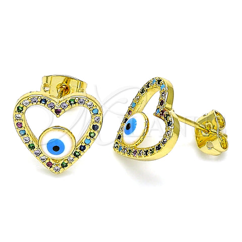 Oro Laminado Stud Earring, Gold Filled Style Evil Eye and Heart Design, with Multicolor Micro Pave, White Enamel Finish, Golden Finish, 02.341.0045