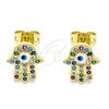 Oro Laminado Stud Earring, Gold Filled Style Hand of God and Evil Eye Design, with Multicolor Micro Pave, White Enamel Finish, Golden Finish, 02.341.0046