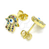 Oro Laminado Stud Earring, Gold Filled Style Hand of God and Evil Eye Design, with Multicolor Micro Pave, White Enamel Finish, Golden Finish, 02.341.0046