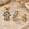 Oro Laminado Stud Earring, Gold Filled Style Hand of God and Evil Eye Design, with Multicolor Micro Pave, White Enamel Finish, Golden Finish, 02.341.0046