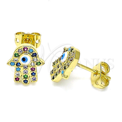 Oro Laminado Stud Earring, Gold Filled Style Hand of God and Evil Eye Design, with Multicolor Micro Pave, White for wholesale, main product view