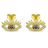 Oro Laminado Stud Earring, Gold Filled Style Evil Eye Design, with Ruby Cubic Zirconia and Multicolor Micro Pave, Polished, Golden Finish, 02.341.0048