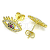 Oro Laminado Stud Earring, Gold Filled Style Evil Eye Design, with Ruby Cubic Zirconia and Multicolor Micro Pave, Polished, Golden Finish, 02.341.0048