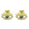 Oro Laminado Stud Earring, Gold Filled Style Evil Eye Design, with Sapphire Blue Cubic Zirconia and Multicolor Micro Pave, Polished, Golden Finish, 02.341.0048.1