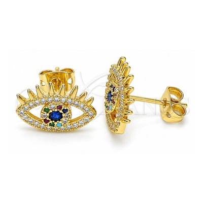 Oro Laminado Stud Earring, Gold Filled Style Evil Eye Design, with Sapphire Blue Cubic Zirconia and Multicolor Micro Pave, Polished, Golden Finish, 02.341.0048.1
