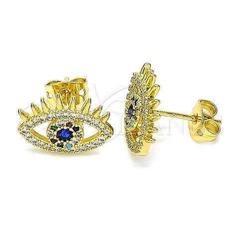 Oro Laminado Stud Earring, Gold Filled Style Evil Eye Design, with Sapphire Blue Cubic Zirconia and Multicolor Micro Pave, Polished, Golden Finish, 02.341.0048.1