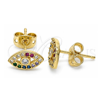 Oro Laminado Stud Earring, Gold Filled Style Evil Eye Design, with White Cubic Zirconia and Multicolor Micro Pave, Polished, Golden Finish, 02.341.0049