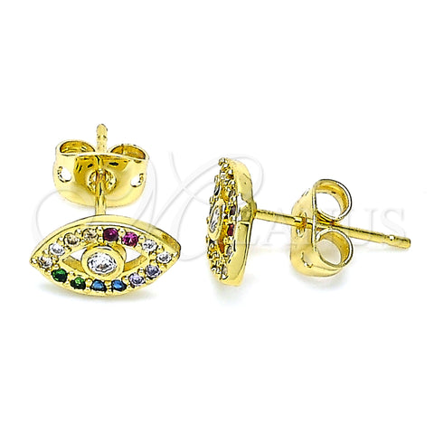 Oro Laminado Stud Earring, Gold Filled Style Evil Eye Design, with White Cubic Zirconia and Multicolor Micro Pave, Polished, Golden Finish, 02.341.0049