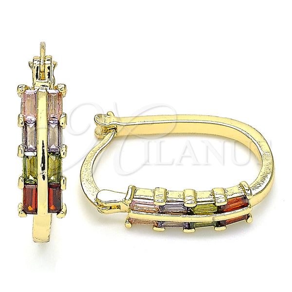Gold Filled Hoop Earrings — Small Hoop Baguette Design with Multicolor Cubic Zirconia — main product view — SKU 132789 | Oro Laminado aretes de aro — Small Hoop Baguette diseño with Multicolor Cubic Zirconia — SKU 132789