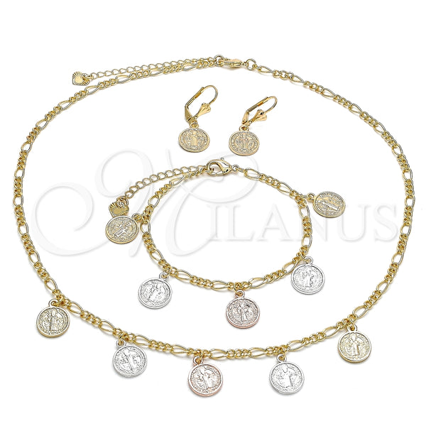 Oro Laminado Necklace, Bracelet and Earring, Gold Filled Style San Benito Design, Polished, Tricolor, 06.351.0001