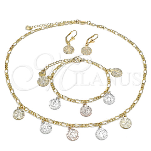 Oro Laminado Necklace, Bracelet and Earring, Gold Filled Style San Benito Design, Polished, Tricolor, 06.351.0001