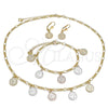 Oro Laminado Necklace, Bracelet and Earring, Gold Filled Style San Benito Design, Polished, Tricolor, 06.351.0001