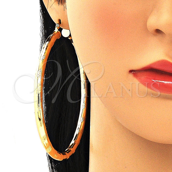 Gold Filled Hoop Earrings — Extra Large Hoop Hollow Design Diamond Cutting 02. — alternate product view — SKU 132813 | Oro Laminado aretes de aro — Extra Large Hoop Hollow diseño Diamond Cutting 02. — SKU 132813