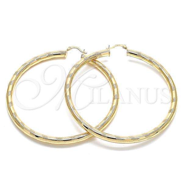 Gold Filled Hoop Earrings — Extra Large Hoop Hollow Design Diamond Cutting 02. — main product view — SKU 132813 | Oro Laminado aretes de aro — Extra Large Hoop Hollow diseño Diamond Cutting 02. — SKU 132813