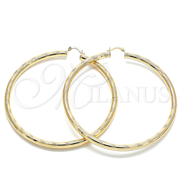 Gold Filled Hoop Earrings — Extra Large Hoop Hollow Design Diamond Cutting 02. — main product view — SKU 132814 | Oro Laminado aretes de aro — Extra Large Hoop Hollow diseño Diamond Cutting 02. — SKU 132814