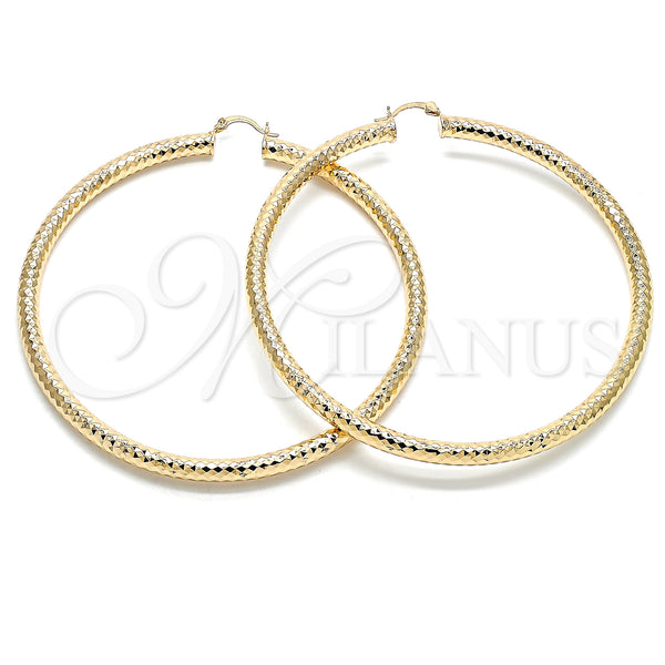Gold Filled Hoop Earrings — Extra Large Hoop Hollow Design Diamond Cutting 02. — main product view — SKU 132820 | Oro Laminado aretes de aro — Extra Large Hoop Hollow diseño Diamond Cutting 02. — SKU 132820