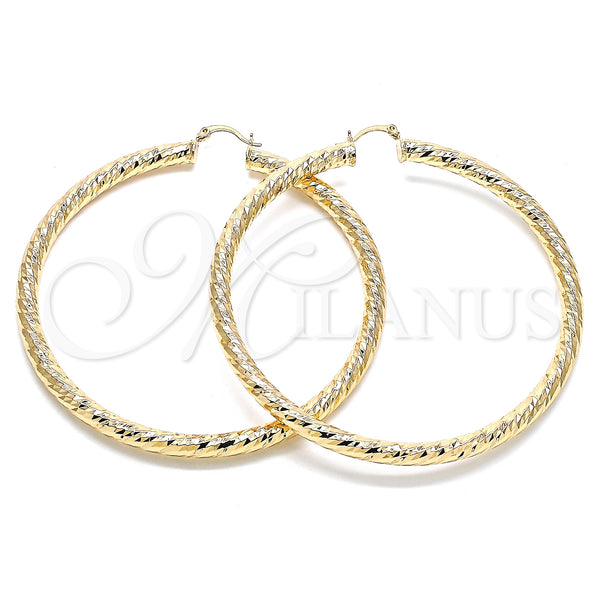 Gold Filled Hoop Earrings — Extra Large Hoop Hollow Design Diamond Cutting 02. — main product view — SKU 132821 | Oro Laminado aretes de aro — Extra Large Hoop Hollow diseño Diamond Cutting 02. — SKU 132821