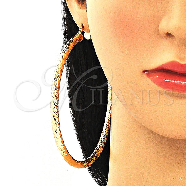 Gold Filled Hoop Earrings — Extra Large Hoop Hollow Design Diamond Cutting 02. — alternate product view — SKU 132822 | Oro Laminado aretes de aro — Extra Large Hoop Hollow diseño Diamond Cutting 02. — SKU 132822