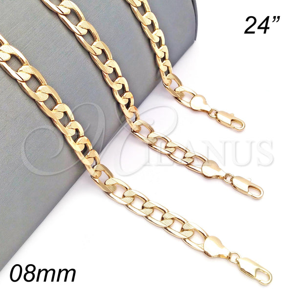 Oro Laminado Basic Necklace, Gold Filled Style Pave Cuban Design, Polished, Golden Finish, 04.213.0183.24 (08 MM Thickness, 24 Inches Length)