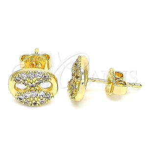 Oro Laminado Stud Earring, Gold Filled Style Puff Mariner Design, with White Micro Pave, Polished, Golden Finish, 02.63.2705