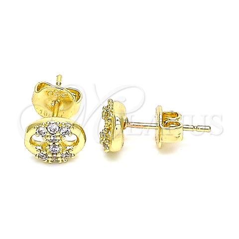Oro Laminado Stud Earring, Gold Filled Style Puff Mariner Design, with White Micro Pave, Polished, Golden Finish, 02.63.2706