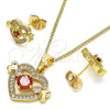 Oro Laminado Earring and Pendant Adult Set, Gold Filled Style Heart Design, with Garnet and White Cubic Zirconia, Polished, Golden Finish, 10.210.0119