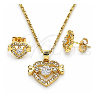 Oro Laminado Earring and Pendant Adult Set, Gold Filled Style Heart Design, with White Cubic Zirconia, Polished, Golden Finish, 10.210.0119.1