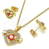 Oro Laminado Earring and Pendant Adult Set, Gold Filled Style Heart Design, with Multicolor Cubic Zirconia, Polished, Golden Finish, 10.210.0119.2