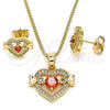 Oro Laminado Earring and Pendant Adult Set, Gold Filled Style Heart Design, with Multicolor Cubic Zirconia, Polished, Golden Finish, 10.210.0119.2