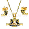 Oro Laminado Earring and Pendant Adult Set, Gold Filled Style Bird and Heart Design, with Black Micro Pave, Polished, Golden Finish, 10.210.0120