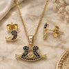Oro Laminado Earring and Pendant Adult Set, Gold Filled Style Bird and Heart Design, with Black Micro Pave, Polished, Golden Finish, 10.210.0120