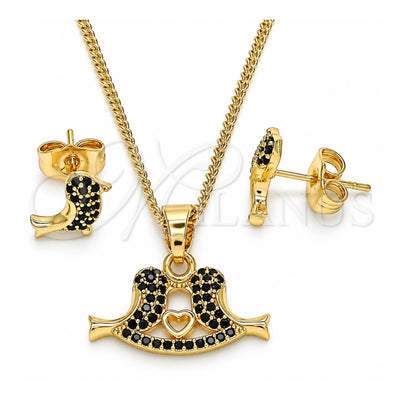 Oro Laminado Earring and Pendant Adult Set, Gold Filled Style Bird and Heart Design, with Black Micro Pave, Polished, Golden Finish, 10.210.0120