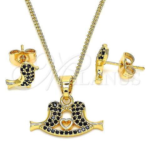 Oro Laminado Earring and Pendant Adult Set, Gold Filled Style Bird and Heart Design, with Black Micro Pave, Polished, Golden Finish, 10.210.0120