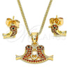 Oro Laminado Earring and Pendant Adult Set, Gold Filled Style Bird and Heart Design, with Garnet and Black Micro Pave, Polished, Golden Finish, 10.210.0120.2