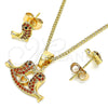 Oro Laminado Earring and Pendant Adult Set, Gold Filled Style Bird and Heart Design, with Garnet and Black Micro Pave, Polished, Golden Finish, 10.210.0120.2