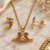 Oro Laminado Earring and Pendant Adult Set, Gold Filled Style Bird and Heart Design, with Garnet and Black Micro Pave, Polished, Golden Finish, 10.210.0120.2
