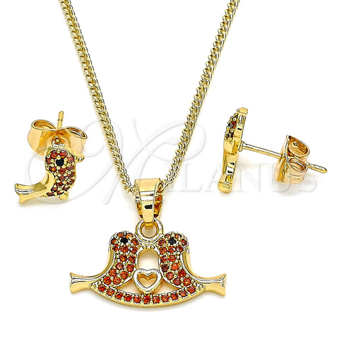 Oro Laminado Earring and Pendant Adult Set, Gold Filled Style Bird and Heart Design, with Garnet and Black Micro Pave, Polished, Golden Finish, 10.210.0120.2