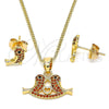 Oro Laminado Earring and Pendant Adult Set, Gold Filled Style Bird and Heart Design, with Garnet and Black Micro Pave, Polished, Golden Finish, 10.210.0120.2