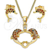 Oro Laminado Earring and Pendant Adult Set, Gold Filled Style Dolphin Design, with Garnet and Black Micro Pave, Polished, Golden Finish, 10.210.0121.1