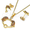 Oro Laminado Earring and Pendant Adult Set, Gold Filled Style Dolphin Design, with Garnet and Black Micro Pave, Polished, Golden Finish, 10.210.0121.1