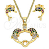Oro Laminado Earring and Pendant Adult Set, Gold Filled Style Dolphin Design, with Multicolor Micro Pave and White Cubic Zirconia, Polished, Golden Finish, 10.210.0121.3
