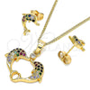 Oro Laminado Earring and Pendant Adult Set, Gold Filled Style Dolphin Design, with Multicolor Micro Pave and White Cubic Zirconia, Polished, Golden Finish, 10.210.0121.3