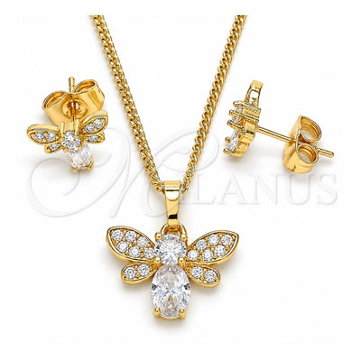 Oro Laminado Earring and Pendant Adult Set, Gold Filled Style Bee Design, with White Cubic Zirconia and White Micro Pave, Polished, Golden Finish, 10.210.0122