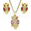 Oro Laminado Earring and Pendant Adult Set, Gold Filled Style Owl Design, with Garnet Cubic Zirconia and White Micro Pave, Polished, Golden Finish, 10.210.0123