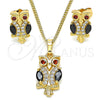 Oro Laminado Earring and Pendant Adult Set, Gold Filled Style Owl Design, with Black and Garnet Cubic Zirconia, Polished, Golden Finish, 10.210.0123.1