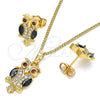 Oro Laminado Earring and Pendant Adult Set, Gold Filled Style Owl Design, with Black and Garnet Cubic Zirconia, Polished, Golden Finish, 10.210.0123.1