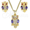 Oro Laminado Earring and Pendant Adult Set, Gold Filled Style Owl Design, with Amethyst and Garnet Cubic Zirconia, Polished, Golden Finish, 10.210.0123.2